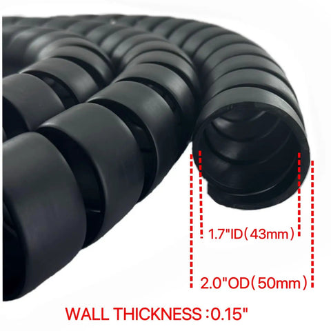 Close-up of Spiral Wrap Cable Protector For Large Diameter Hoses And Cables, 2.0 Inch Outer Diameter, showing measurements