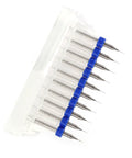 Precision Tungsten Carbide Drill Bits Kit Gear, 10 Piece Set arranged in holder with 0.2mm ultra sharp tips and blue caps.