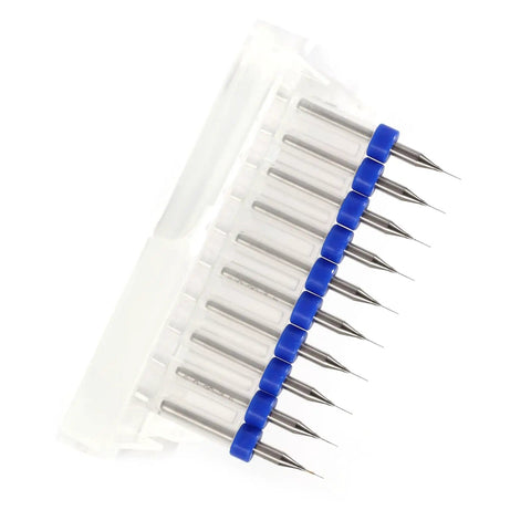 Precision Tungsten Carbide Drill Bits Kit Gear, 10 Piece Set arranged in holder with 0.2mm ultra sharp tips and blue caps.