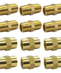 12 Piece Brass Pipe Fittings Set 3/8 In NPT Male And Female Hex Nipples Couplers showcased in a flat arrangement
