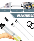 Driveway Ready Manual Oil Extraction Pump For Cars 200Cc Vacuum Fluid Siphon Tool No Drama Transfer Hose With Gasket showing use methods and parts.