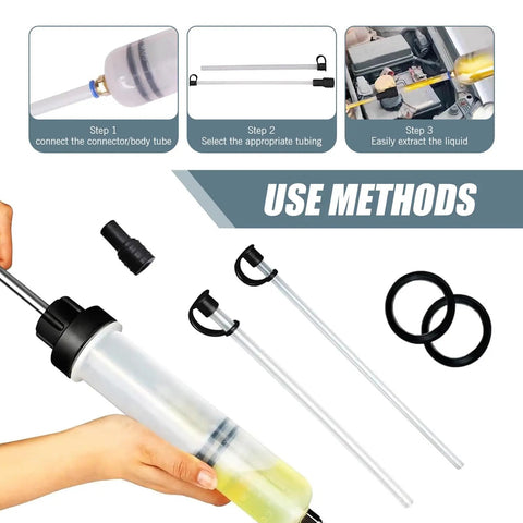 Driveway Ready Manual Oil Extraction Pump For Cars 200Cc Vacuum Fluid Siphon Tool No Drama Transfer Hose With Gasket showing use methods and parts.