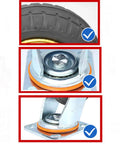 Close-up of Heavy Duty Caster Wheels Rated For Over Eleven Hundred Pounds showing polyurethane tread and swivel brake system.
