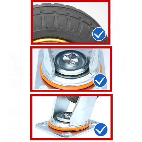 Close-up of Heavy Duty Caster Wheels Rated For Over Eleven Hundred Pounds showing polyurethane tread and swivel brake system.