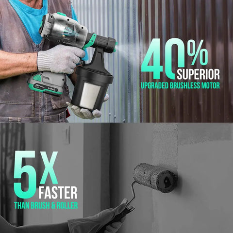 Brushless 20V Cordless HVLP Paint Sprayer For Home Interior And Exterior DIY Friendly Tool For Car Deck Fence And Furniture Includes 2Ah Battery And Charger High Efficiency And Easy Flow Control in hand next to wall.