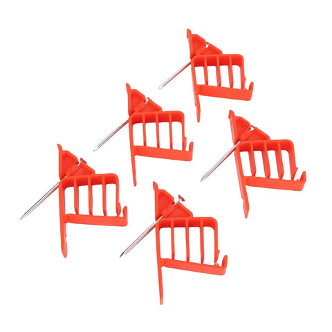 Five red heavy duty cable stackers with nails for securing coaxial data and power cables, durable plastic wire management clips.