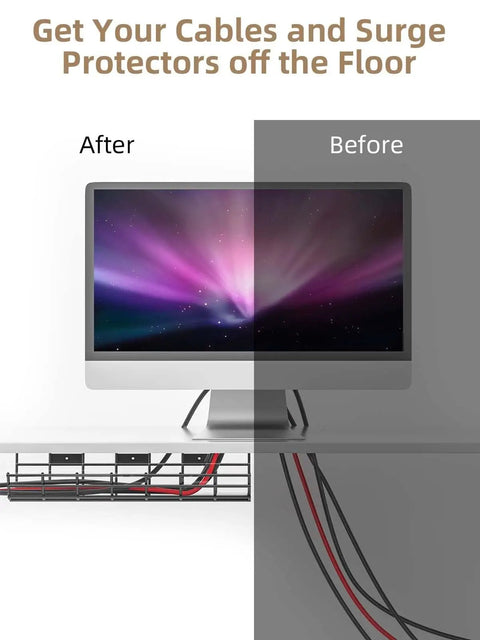 Before and after using 2 Pack Under Desk Cable Management Trays Large Sturdy Metal Cord Organizer For Office And Home