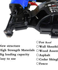 Detail of heavy duty roofing nailer built to take heat while delivering consistent drive power for snappy 15 degree wire collated nailing.