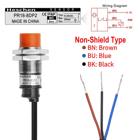 M18 Inductive Proximity Sensor Switch With 8mm Sensing Distance, 12 To 24V DC, 3 Wire PNP Normally Closed, Cylindrical Detector