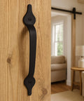 2 Pack 11 Inch Heavy Duty Steel Barn Door Handle With Unstoppable Grip For Gates Sheds And Cabinets Matte Black Pull Powerhouse Design Includes Screws For Easy Assembly installed on wooden door