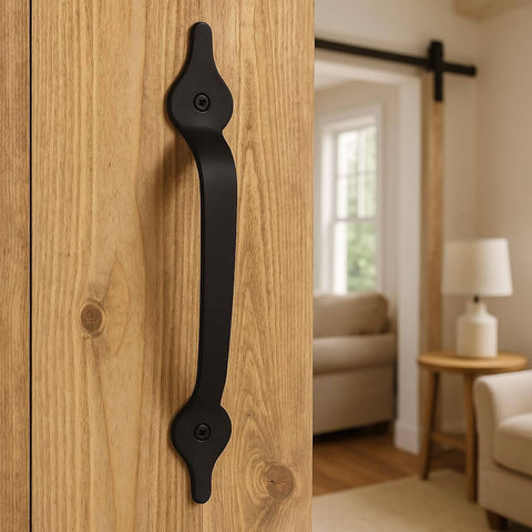 2 Pack 11 Inch Heavy Duty Steel Barn Door Handle With Unstoppable Grip For Gates Sheds And Cabinets Matte Black Pull Powerhouse Design Includes Screws For Easy Assembly installed on wooden door