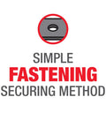 Simple fastening securing method graphic with circular icon illustrating ease of use and installation.