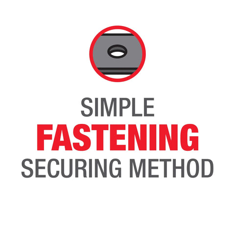 Simple fastening securing method graphic with circular icon illustrating ease of use and installation.