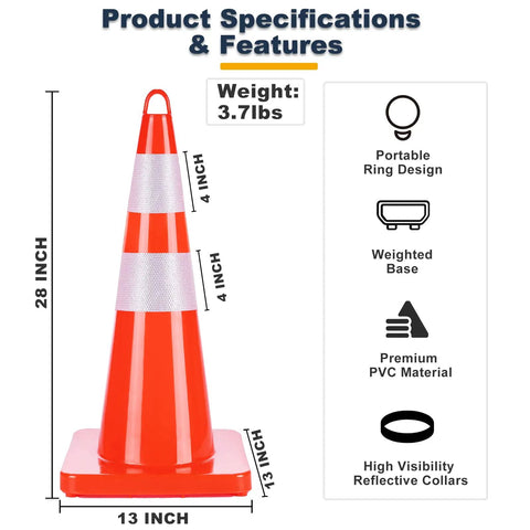 Diagram of Upgraded 28 Inch Traffic Cones 6 Pack PVC Orange Construction Cones With Reflective Collar and weighted base details.