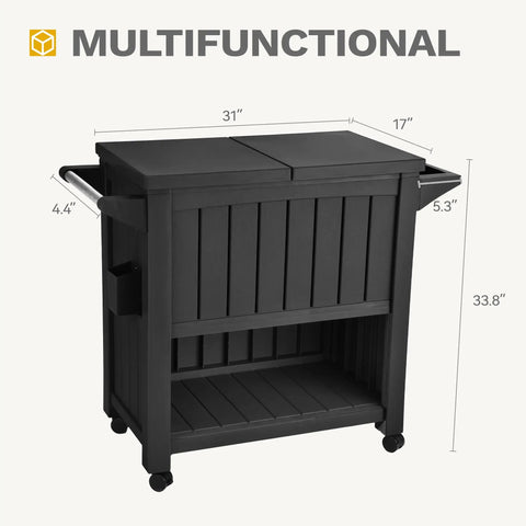 85 Quart Rolling Patio Cooler On Wheels With Drainage And Bottle Opener Open Storage And Bottom Shelves For Pool Deck Parties Outdoor BBQs Beverages Ice Chest Cart With Trash Can Spice Rack And Extra Storage, dimensions visible.