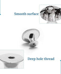 Snowy Husky Dog Round Cabinet Knob Set in Stainless Steel with deep hole thread and engraved dog image on smooth surface.