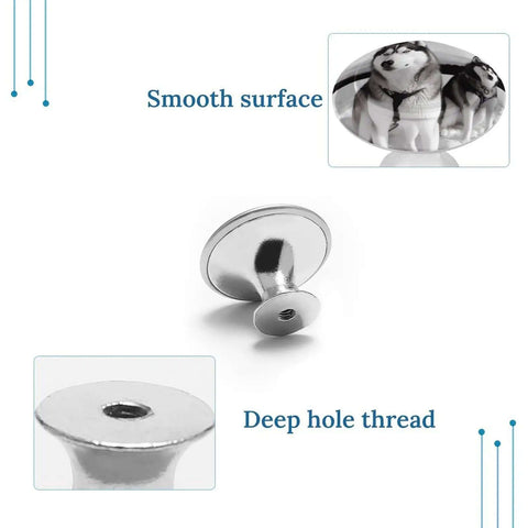 Snowy Husky Dog Round Cabinet Knob Set in Stainless Steel with deep hole thread and engraved dog image on smooth surface.