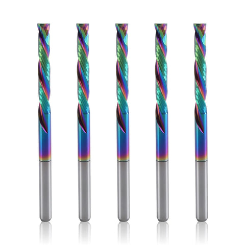 Five Pack One Eighth Inch Shank Compression Router Bits With Two Flute Up And Down Cut End Mills Pro Grade Solid Carbide With DLC Coating