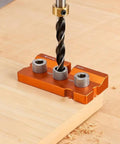 3 In 1 Aluminum Dowel Jig For Woodworking with drill bit aligned on wood, showcasing precision for furniture assembly.