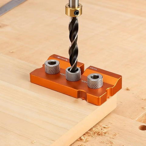 3 In 1 Aluminum Dowel Jig For Woodworking with drill bit aligned on wood, showcasing precision for furniture assembly.