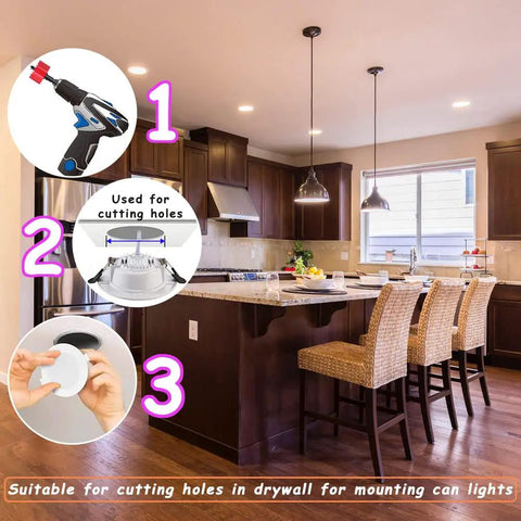 Three And Three Quarters Inch Bi Metal Hole Saw Drill Bits Kit with arbor and pilot bit in a modern kitchen setting