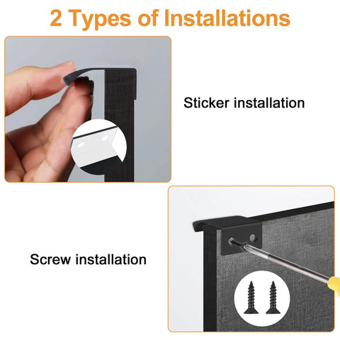 Two installation methods for Six Pack Slick Finger Edge Pulls; sticker and screw options shown on a black cabinet edge.