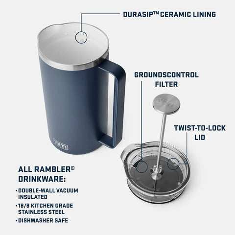 Rambler 34 Oz French Press Coffee Maker With Grounds Control Filter Navy Double Wall Vacuum Insulation components shown