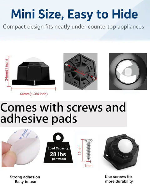 Mini Plate Caster Wheels 4 Pack Self Adhesive Nylon Rollers with screw and adhesive pad for easy appliance mobility.