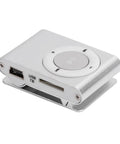 Close-up of a silver Two Pack Portable Clip On MP3 Player with aluminum alloy body showing buttons and USB port.