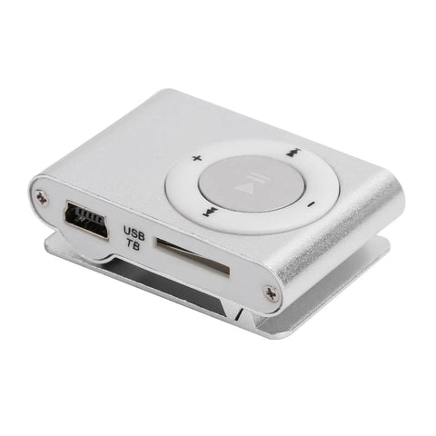 Close-up of a silver Two Pack Portable Clip On MP3 Player with aluminum alloy body showing buttons and USB port.