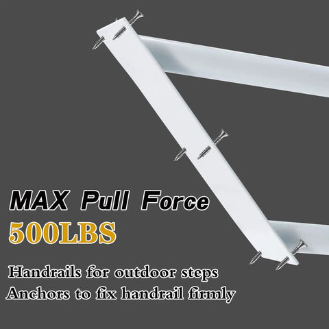Outdoor Stair Handrails Rock Solid Wall Mount With White Powder Coat Finish showing 500 lbs max pull force, screws visible