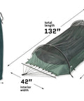 Forest Green Hybrid Ground Tent Or Hammock With Strap Bundle showing dimensions and carry bag for car camping and backpacking.