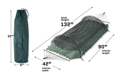 Forest Green Hybrid Ground Tent Or Hammock With Strap Bundle showing dimensions and carry bag for car camping and backpacking.