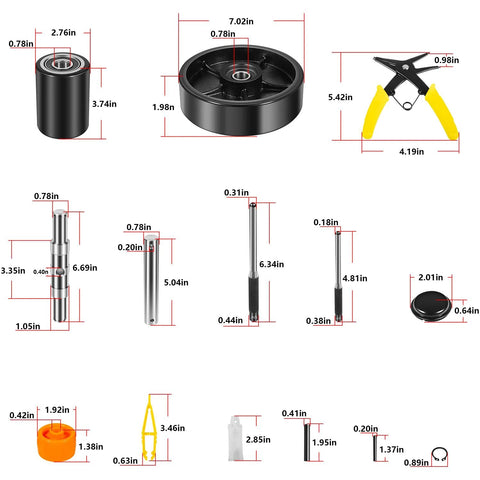 Components of All In One Replacement Kit For Pallet Jack Wheels With Axles And Load Rollers Including Steering Wheels 7 Inch By 2 Inch And Front Load Roller 2.76 By 3.74 Black Poly Tread
