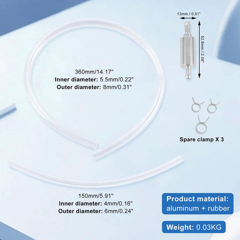 Four Pack Brake Bleeder Hose Kit With One Way Check Valves, Metal Clips And Soft Tubes dimensions and components displayed