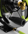 Close-up of the Manual Open Face Air Hose Reel Three Eighths Inch By Fifty Feet Heavy Duty Yet Lightweight Hybrid Build with brass fittings.
