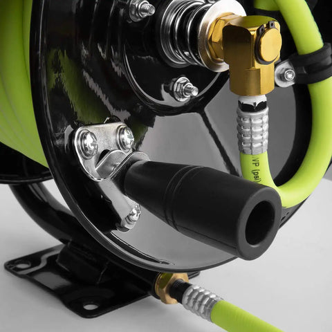Close-up of the Manual Open Face Air Hose Reel Three Eighths Inch By Fifty Feet Heavy Duty Yet Lightweight Hybrid Build with brass fittings.