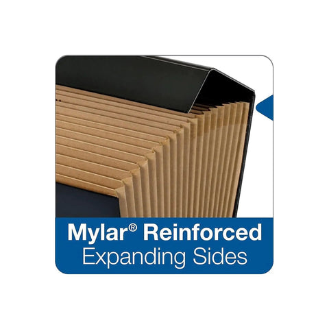 Mylar reinforced expanding sides of Heavy Duty Legal Size File Organizer Box With 19 Deep Pockets And Reinforced Mylar Gussets For Top Shelf Desktop Organization