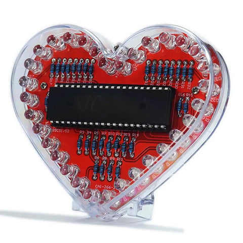 Heart Shaped LED Flashing Light Kit With 51 Microcontroller For Electronics, showing circuit board with 32 colorful 5mm LEDs