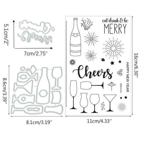 Wine Glass Clear Stamp and Die Set for Card Making with Silicone Stamp Seals, showing wine and celebration-themed designs.