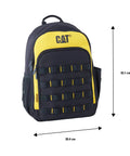 Heavy Duty Tool Backpack With 22 Pockets And Full Zip Closure, Durable Yellow And Black Design, front view with dimensions