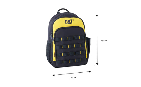 Heavy Duty Tool Backpack With 22 Pockets And Full Zip Closure, Durable Yellow And Black Design, front view with dimensions