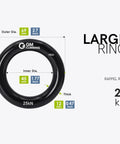 Black Large Rappel Ring 25kN for Rock Climbing Arborist Rescue Slackline Hammock Setup with size dimensions and logo
