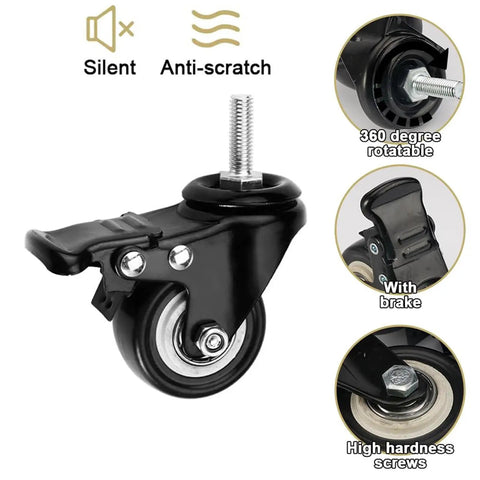 Heavy Duty Swivel Casters 2 5 Inch Set Of 4 With M10x25mm Threaded Stem And Dual Lock Brakes showing black wheel with brake.