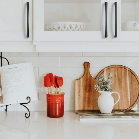 7 Inch Matte Black Kitchen Cabinet Handles, 6 Pack, Heavy Duty Metal Pulls, Rust Proof And Easy Install, Modern Cabinet Hardware For Kitchen And Bathroom Drawers And Doors on white cabinets