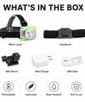 Contents of Rechargeable 40A Hard Hat Miner Headlamp IP68 Waterproof LED Cap Light with miner lamp, headband, bike mount, charger, USB cable
