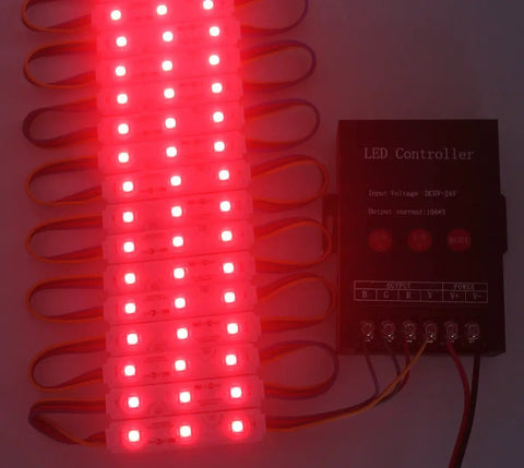200 Pack 12V RGB 5050 LED Module Lights With Three LED Emitters, waterproof and connected to LED controller, glowing red