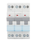 Front view of Manual Transfer Switch For 400VAC 63A 3 Pole DIN Rail Mount Isolating Circuit Breaker, IP20 Rated, Flame Retardant Silver.
