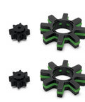 Two Piece Electric Power Steering Shaft Coupler With Integrated Motor Damper Bushing Kit in black and green, showing large gears and bushings.