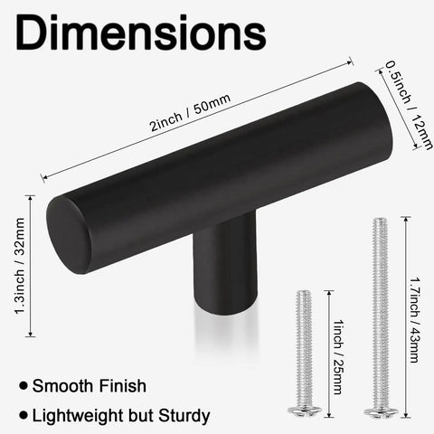 50 Pack Black Cabinet Knobs For Drawers And Doors 2 Inch Stainless Steel Handles And Pulls Durable Hardware Kit For Kitchen Dresser Bedroom Cabinets Includes Variety Screws For Easy Install, dimensions shown with screws